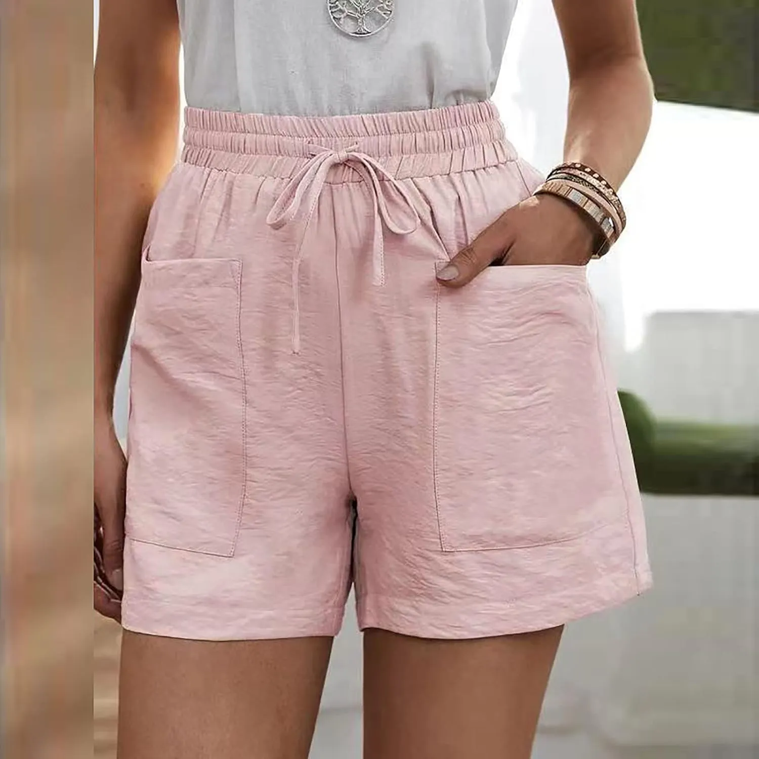 Elastic Waist Casual Comfy Summer Shorts Women's High Waisted Drawstring Shorts Solid Beach Shorts Gym Sweat Shorts