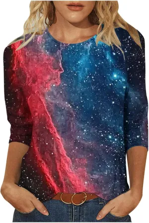 Elbow Sleeve Oversized Tshirt Shirts for Women Gradient Crew Neck Casual Pullover Printed Graphic Tee Top Tunic S-3XL