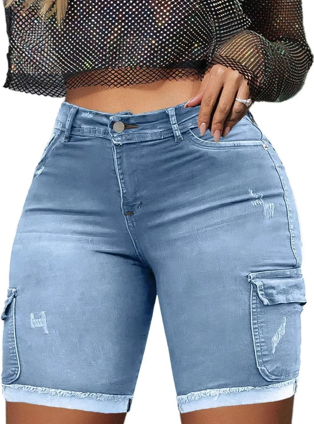 Flamingals Long Jean Shorts for Women High Waisted Bermuda Shorts Cargo Denim Shorts Tummy Control Jean Shorts