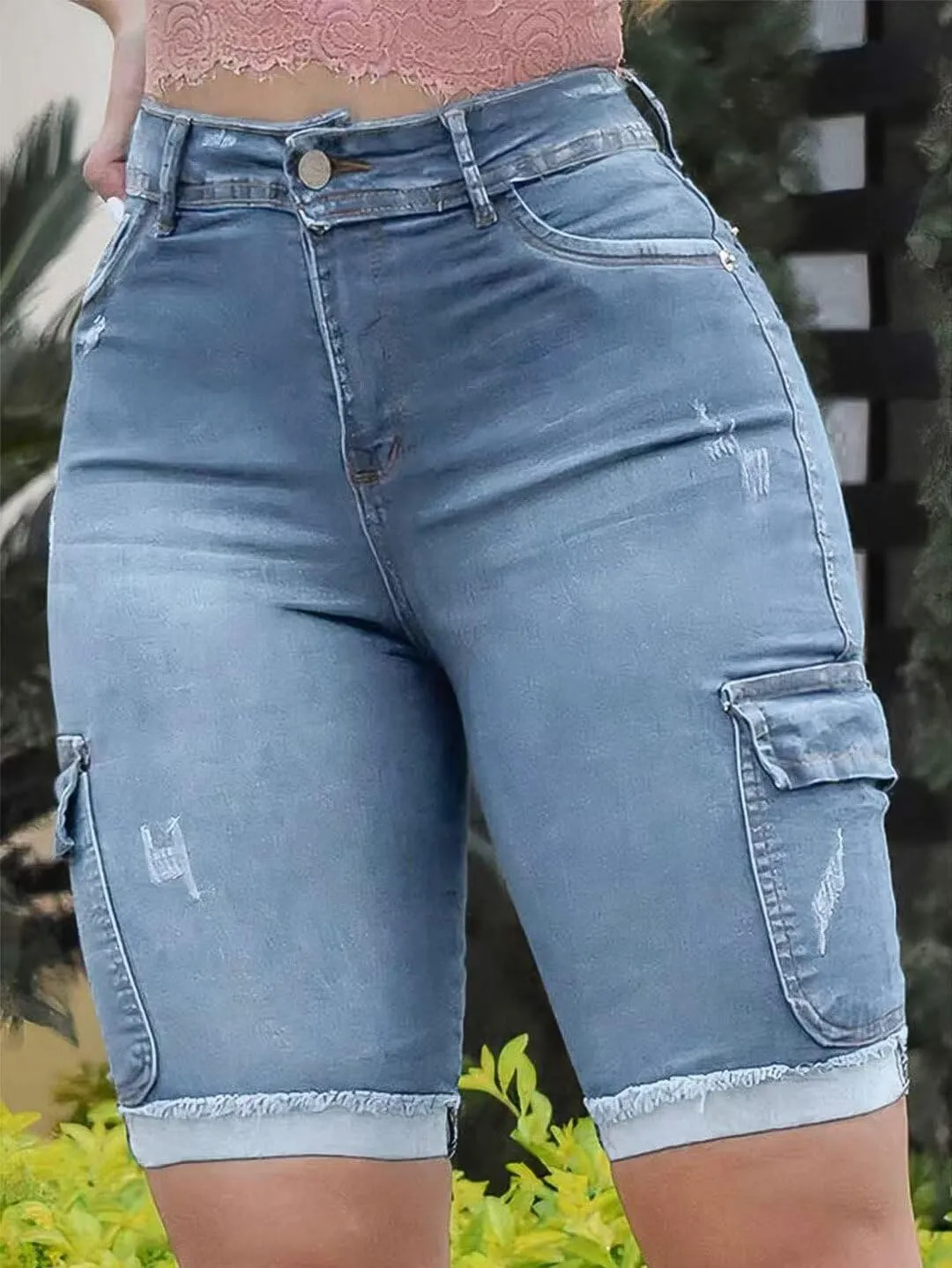 Flamingals Long Jean Shorts for Women High Waisted Bermuda Shorts Cargo Denim Shorts Tummy Control Jean Shorts