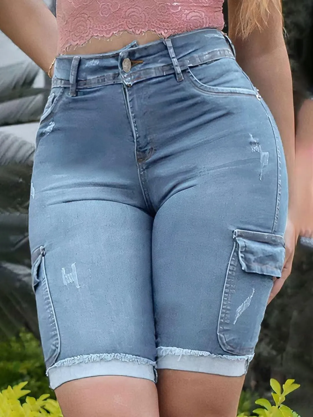 Flamingals Long Jean Shorts for Women High Waisted Bermuda Shorts Cargo Denim Shorts Tummy Control Jean Shorts