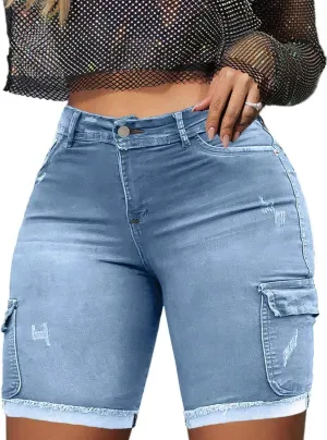Flamingals Long Jean Shorts for Women High Waisted Bermuda Shorts Cargo Denim Shorts Tummy Control Jean Shorts