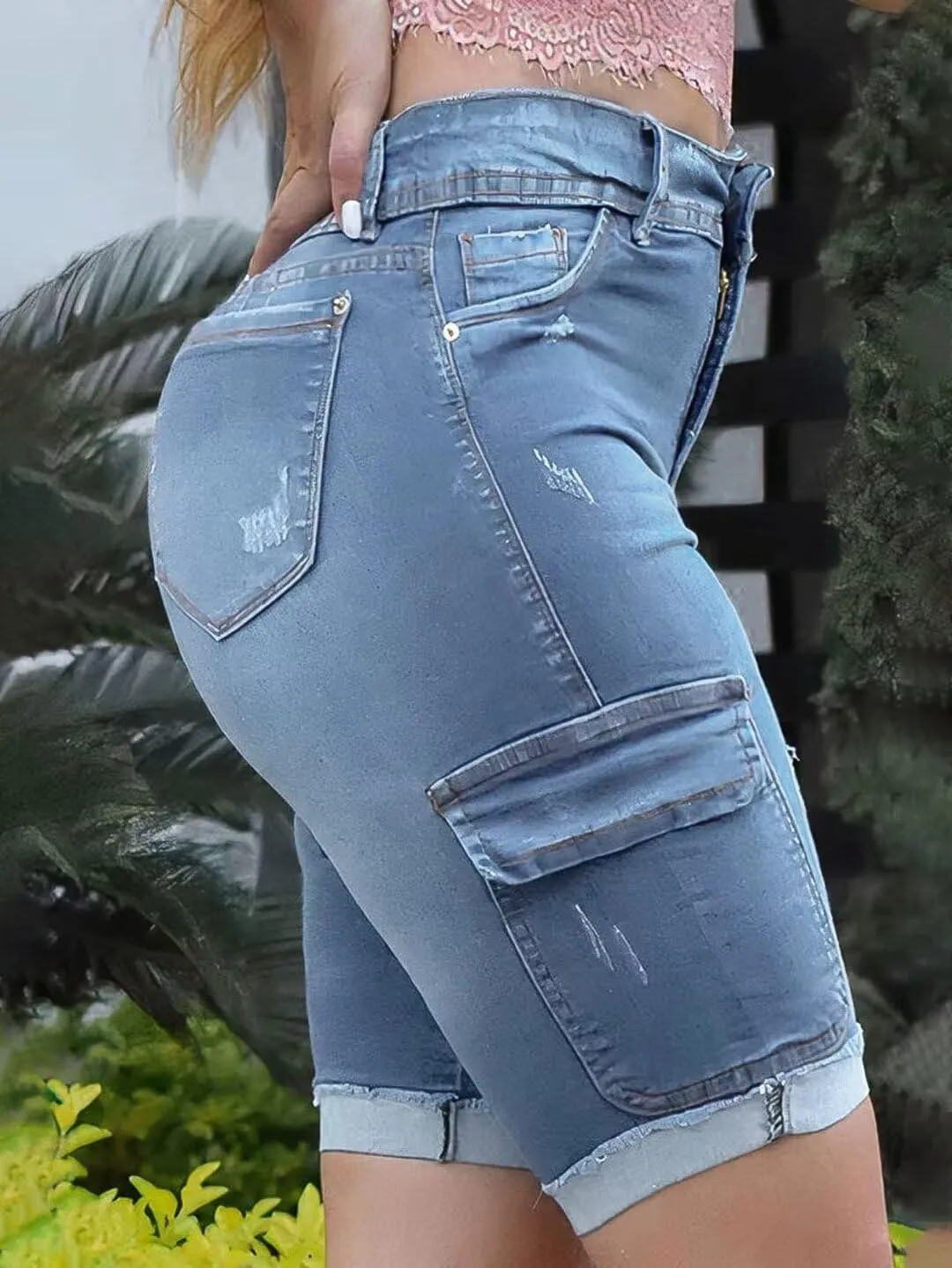 Flamingals Long Jean Shorts for Women High Waisted Bermuda Shorts Cargo Denim Shorts Tummy Control Jean Shorts