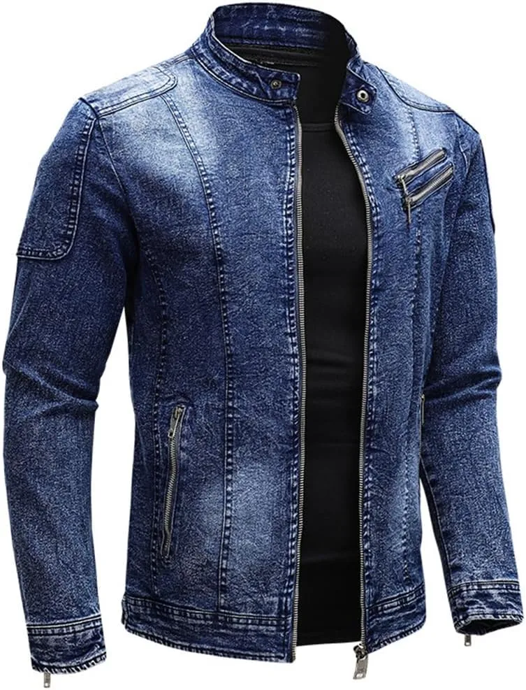 Fleece Denim Jacket Men Streetwear Motorcycle Biker Coats Slim Fit Jackets