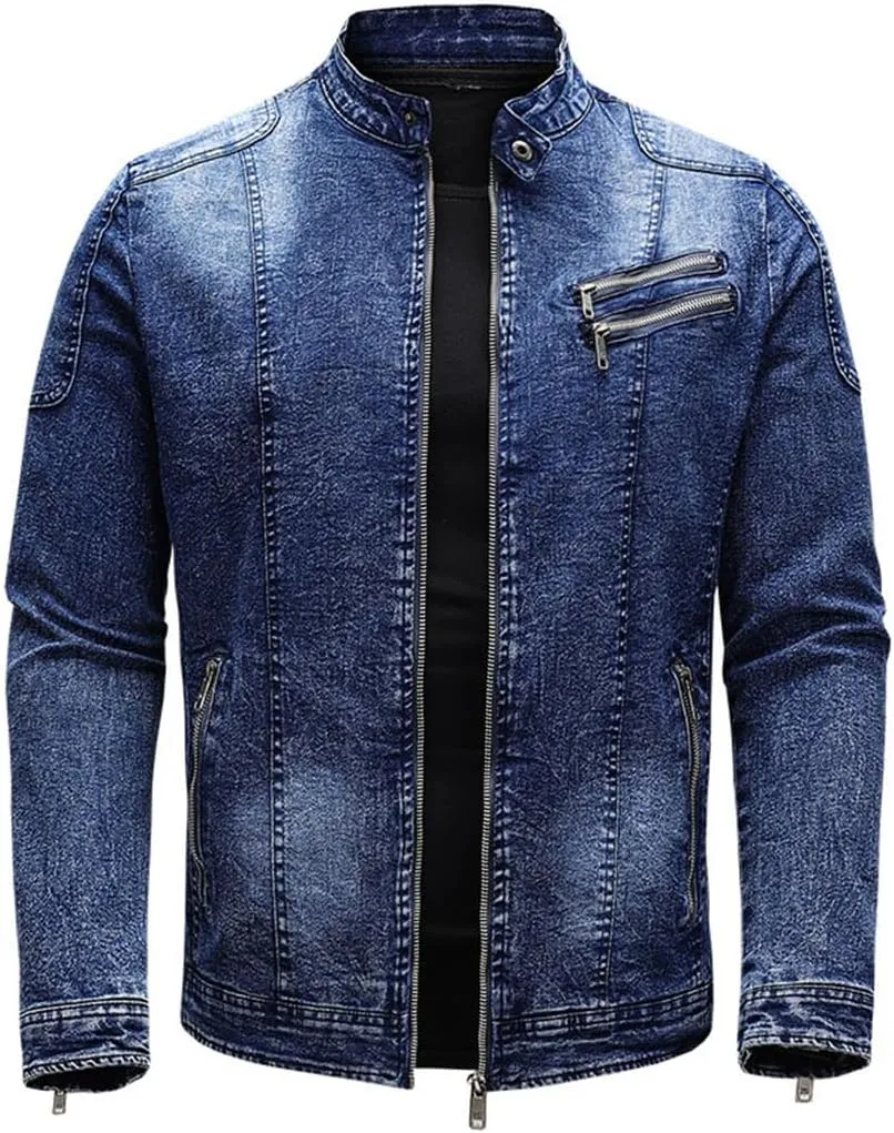 Fleece Denim Jacket Men Streetwear Motorcycle Biker Coats Slim Fit Jackets