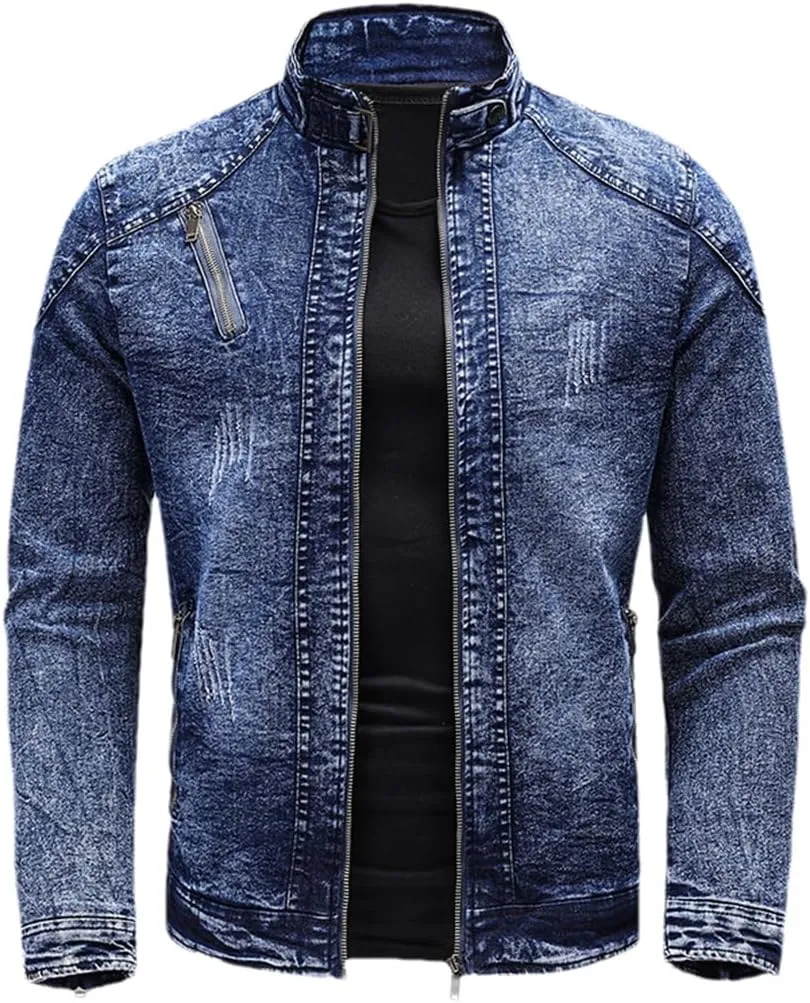 Fleece Denim Jacket Men Streetwear Motorcycle Biker Coats Slim Fit Jackets