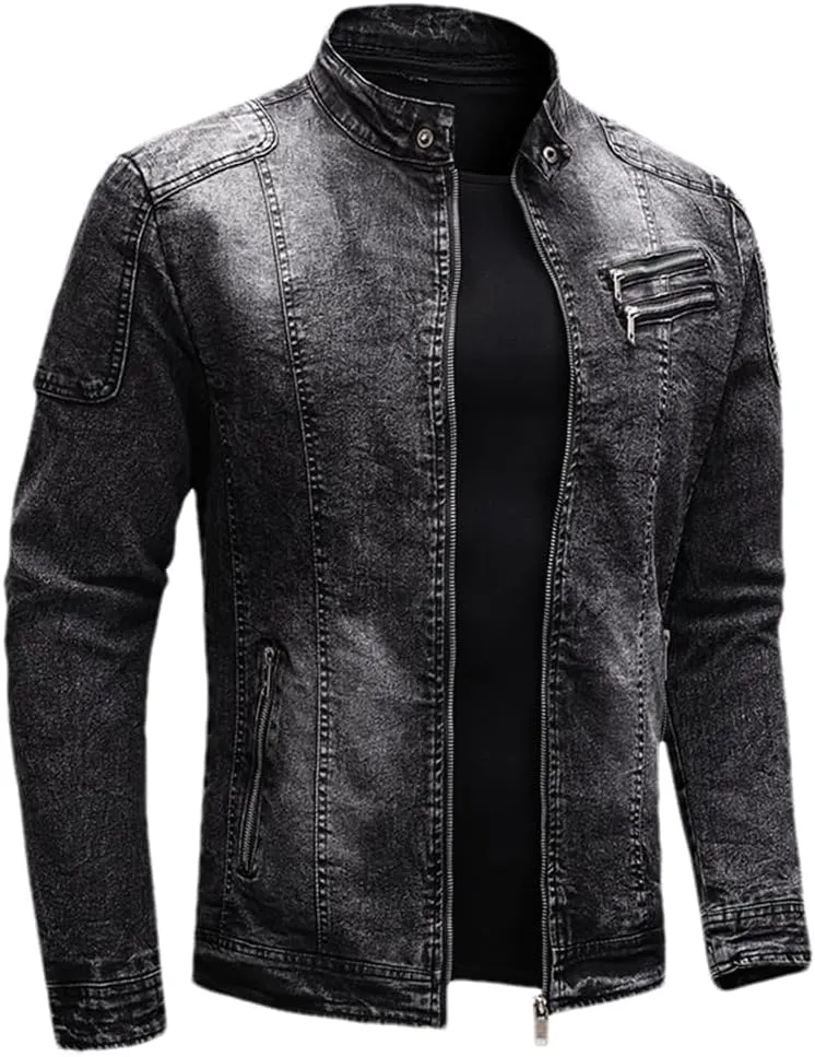 Fleece Denim Jacket Men Streetwear Motorcycle Biker Coats Slim Fit Jackets
