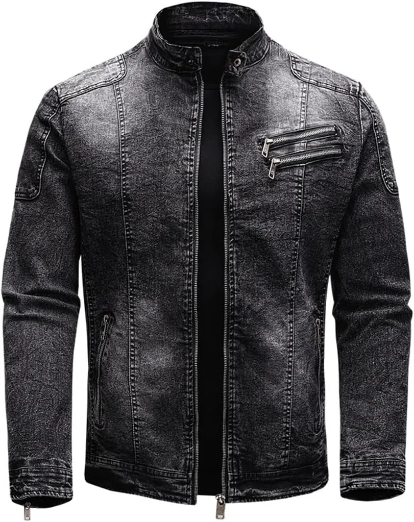 Fleece Denim Jacket Men Streetwear Motorcycle Biker Coats Slim Fit Jackets