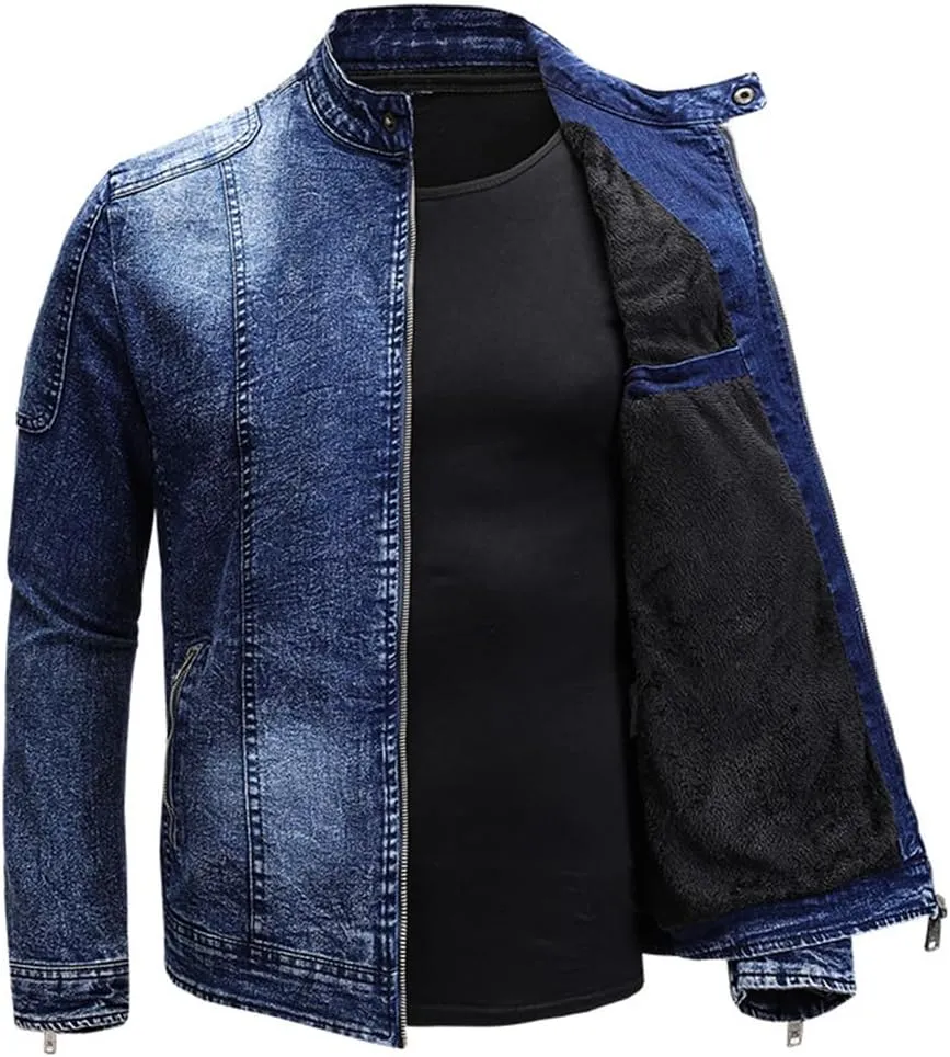 Fleece Denim Jacket Men Streetwear Motorcycle Biker Coats Slim Fit Jackets