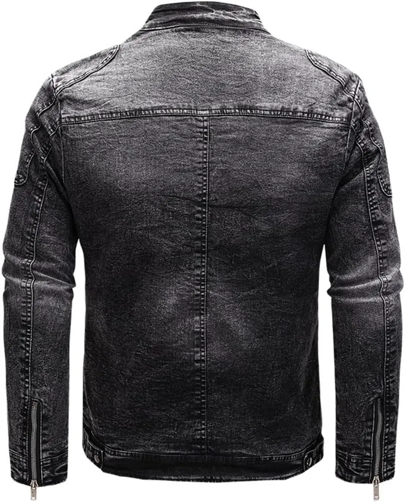 Fleece Denim Jacket Men Streetwear Motorcycle Biker Coats Slim Fit Jackets