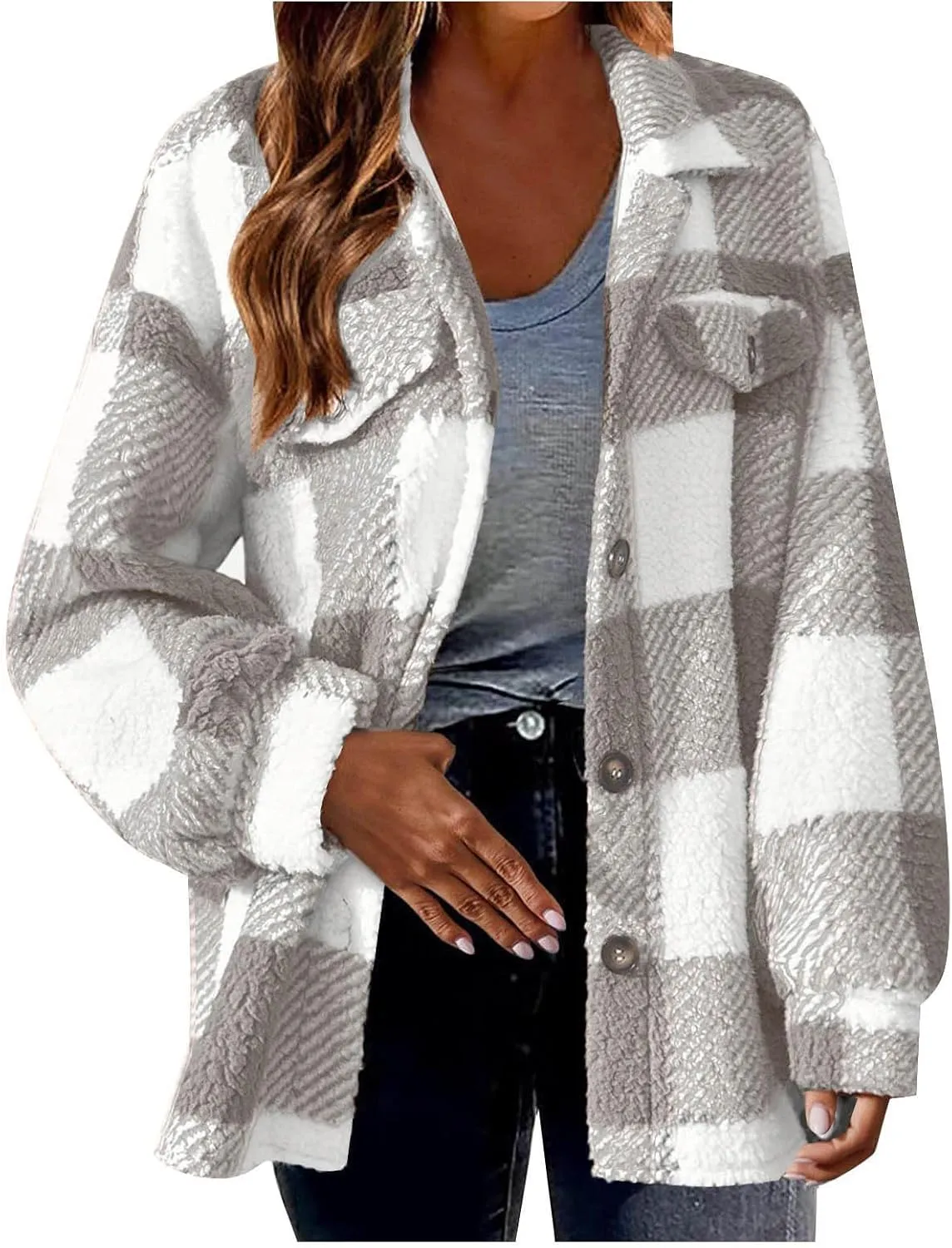 Fleece Jacket Women Fuzzy Flannel Jacket Fall Fashion Sherpa Lined Plaid Shacket Jacket Button Down Fleece Jacket Coat