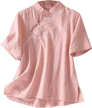 Floral Cotton Linen Retro Chinese Frog Button Blouses for Women Vintage Summer Short Sleeve Side Slit Hem Tops Shirts