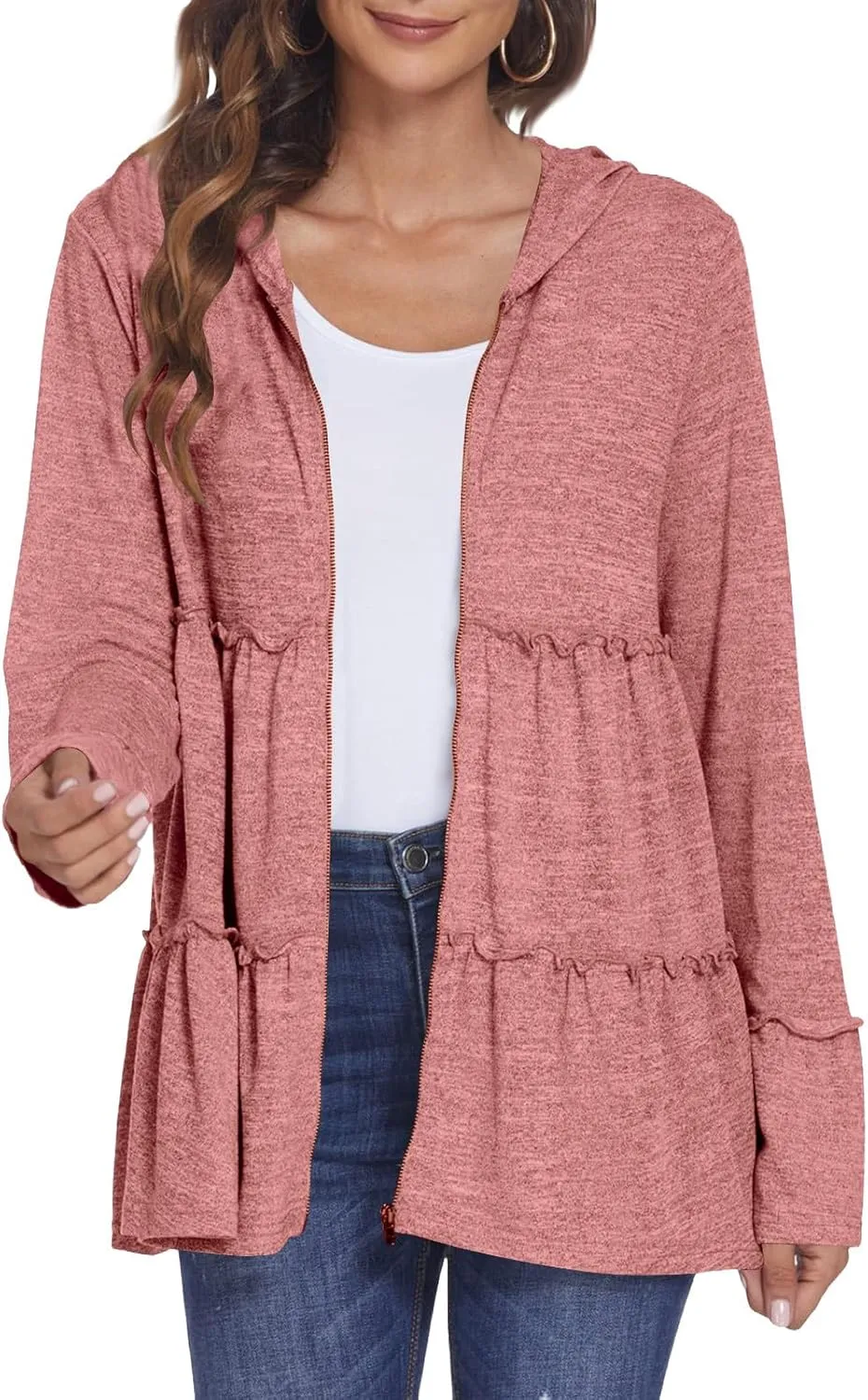 Full Zip Up Hoodie for Women Pleated Flowy Tiered Ruffle Hooded Shirt Lightweight Jacket Long Sleeve Babydoll Top Blouse