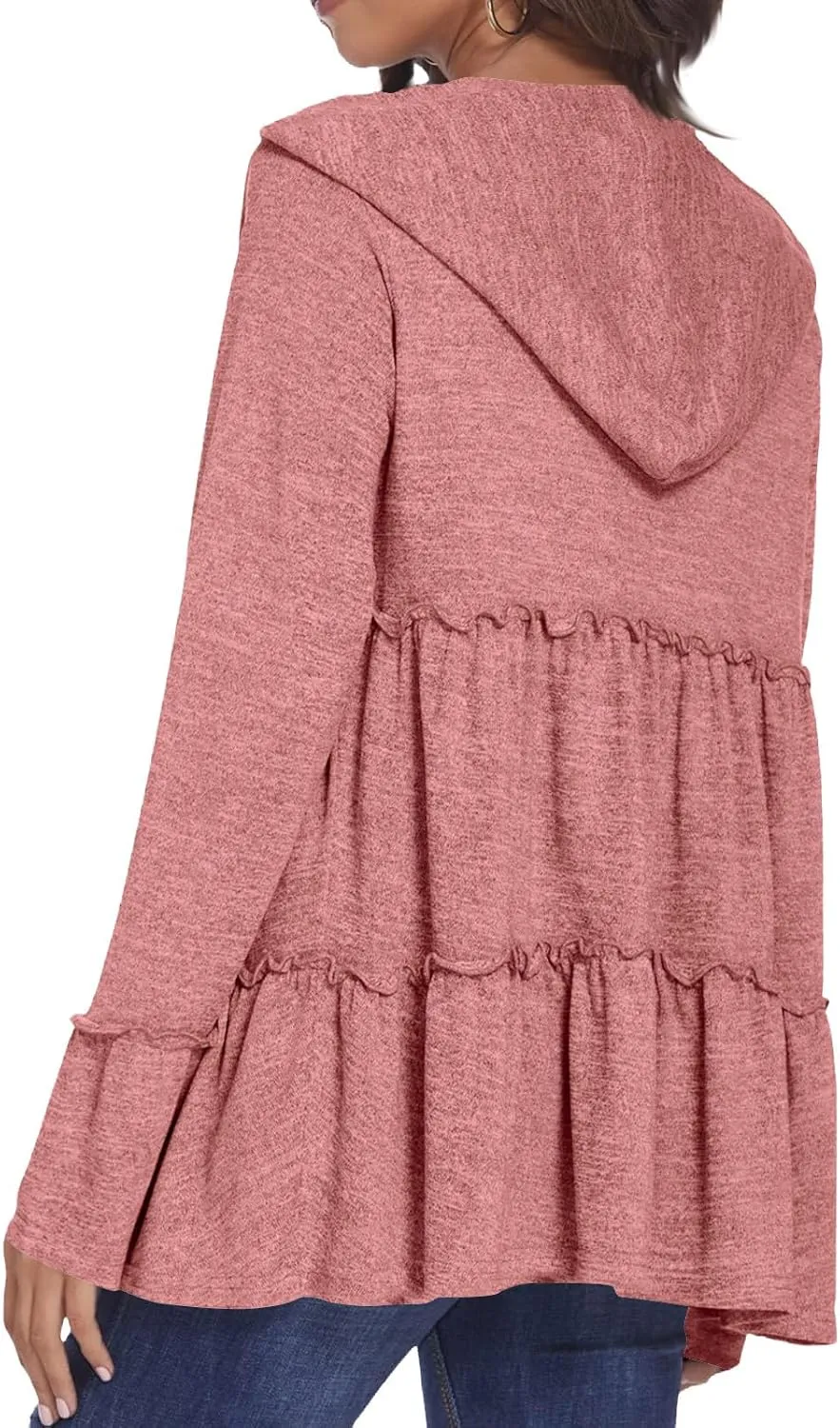 Full Zip Up Hoodie for Women Pleated Flowy Tiered Ruffle Hooded Shirt Lightweight Jacket Long Sleeve Babydoll Top Blouse