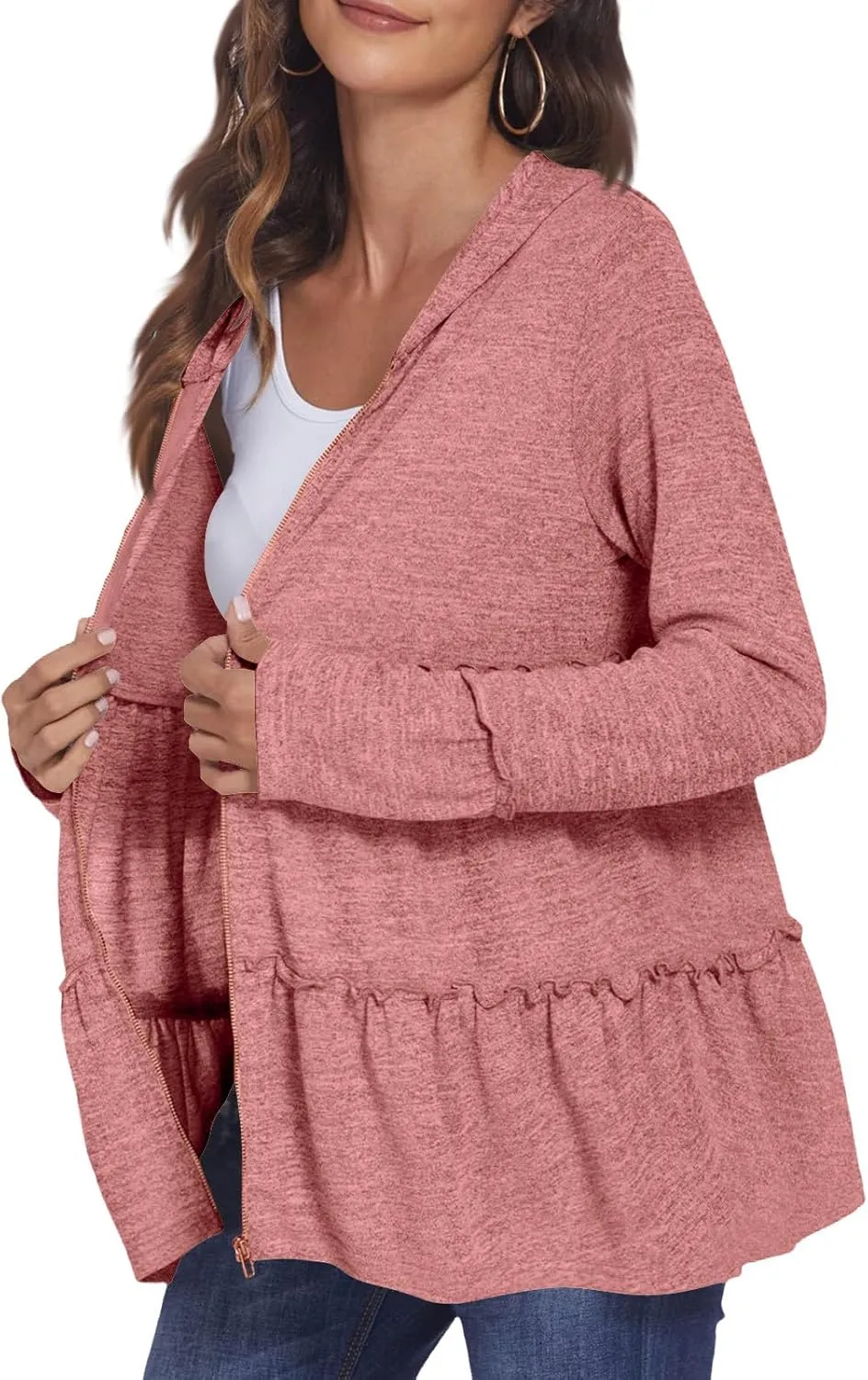 Full Zip Up Hoodie for Women Pleated Flowy Tiered Ruffle Hooded Shirt Lightweight Jacket Long Sleeve Babydoll Top Blouse