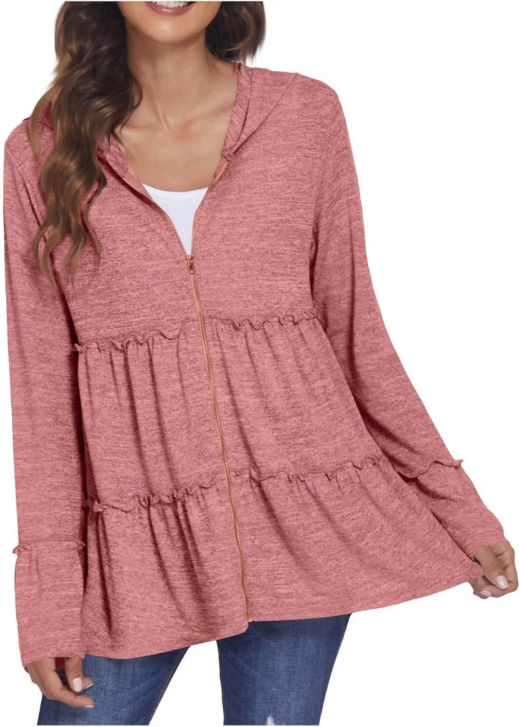 Full Zip Up Hoodie for Women Pleated Flowy Tiered Ruffle Hooded Shirt Lightweight Jacket Long Sleeve Babydoll Top Blouse