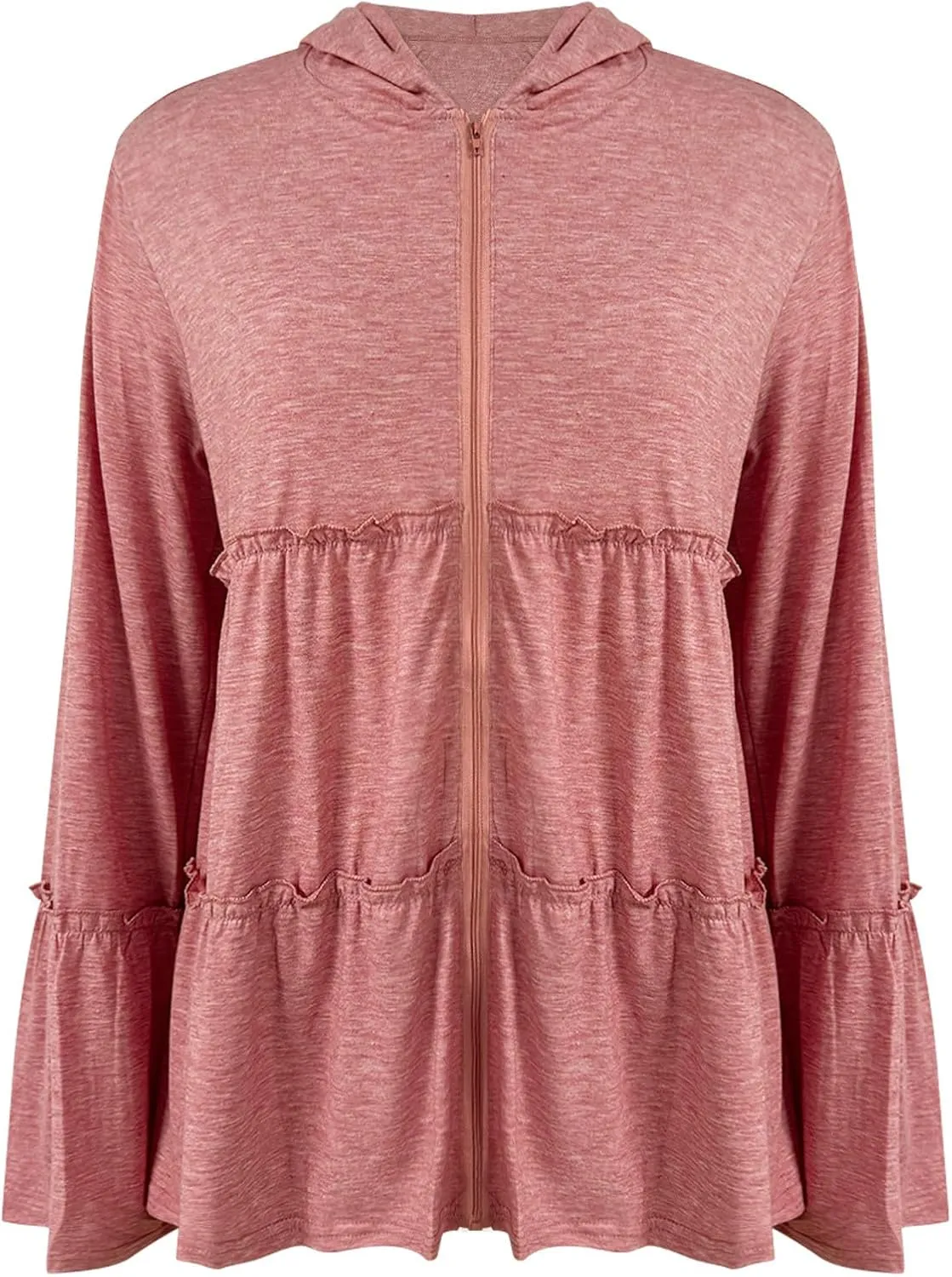 Full Zip Up Hoodie for Women Pleated Flowy Tiered Ruffle Hooded Shirt Lightweight Jacket Long Sleeve Babydoll Top Blouse