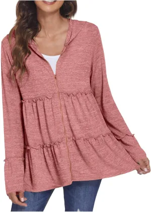 Full Zip Up Hoodie for Women Pleated Flowy Tiered Ruffle Hooded Shirt Lightweight Jacket Long Sleeve Babydoll Top Blouse