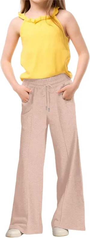 Girls High Waisted Uniform Capri Pants Kids Wide Leg Pant Trouser Drawstring Straight Clothes Cropped Baggy Trouser