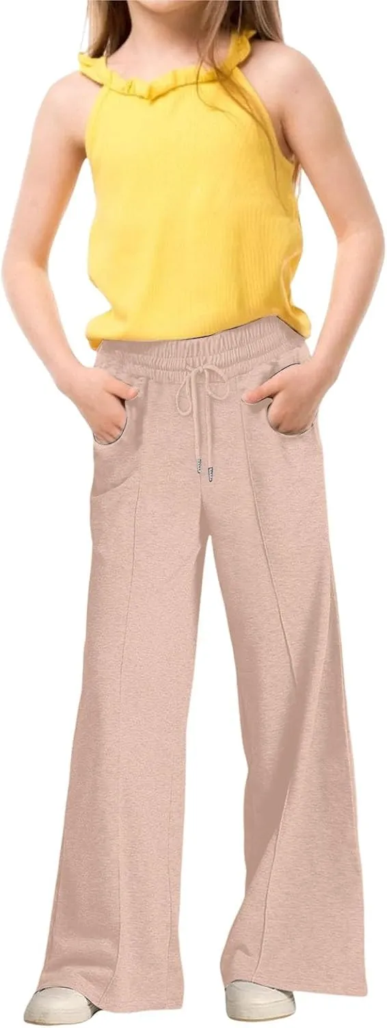Girls High Waisted Uniform Capri Pants Kids Wide Leg Pant Trouser Drawstring Straight Clothes Cropped Baggy Trouser
