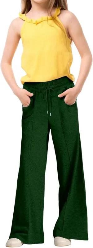 Girls High Waisted Uniform Capri Pants Kids Wide Leg Pant Trouser Drawstring Straight Clothes Cropped Baggy Trouser