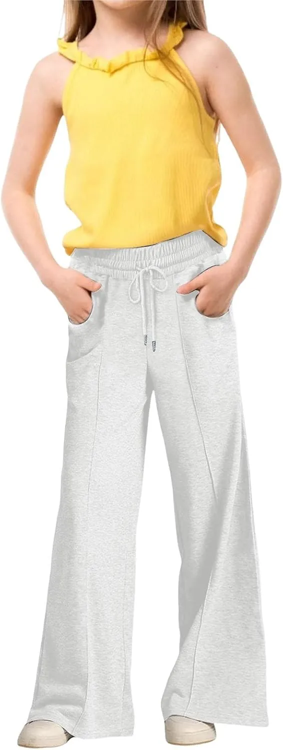 Girls High Waisted Uniform Capri Pants Kids Wide Leg Pant Trouser Drawstring Straight Clothes Cropped Baggy Trouser