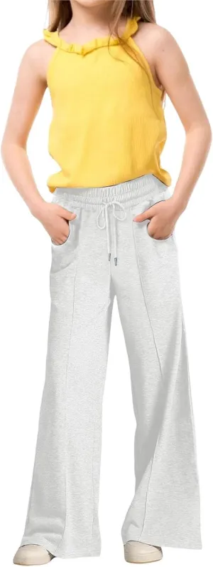 Girls High Waisted Uniform Capri Pants Kids Wide Leg Pant Trouser Drawstring Straight Clothes Cropped Baggy Trouser