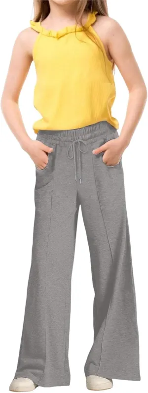 Girls High Waisted Uniform Capri Pants Kids Wide Leg Pant Trouser Drawstring Straight Clothes Cropped Baggy Trouser