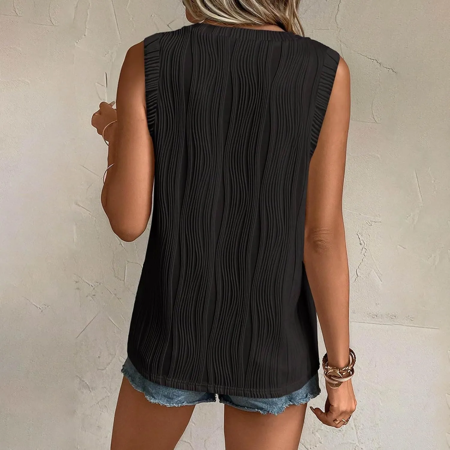 GOKKILRW Womens Sleeveless T Shirts Casual Summer High Crewneck Textured Slim Fit Strertchy Tank Tops Dressy Work Tunic Tops