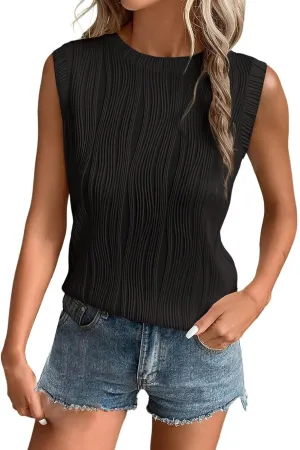 GOKKILRW Womens Sleeveless T Shirts Casual Summer High Crewneck Textured Slim Fit Strertchy Tank Tops Dressy Work Tunic Tops