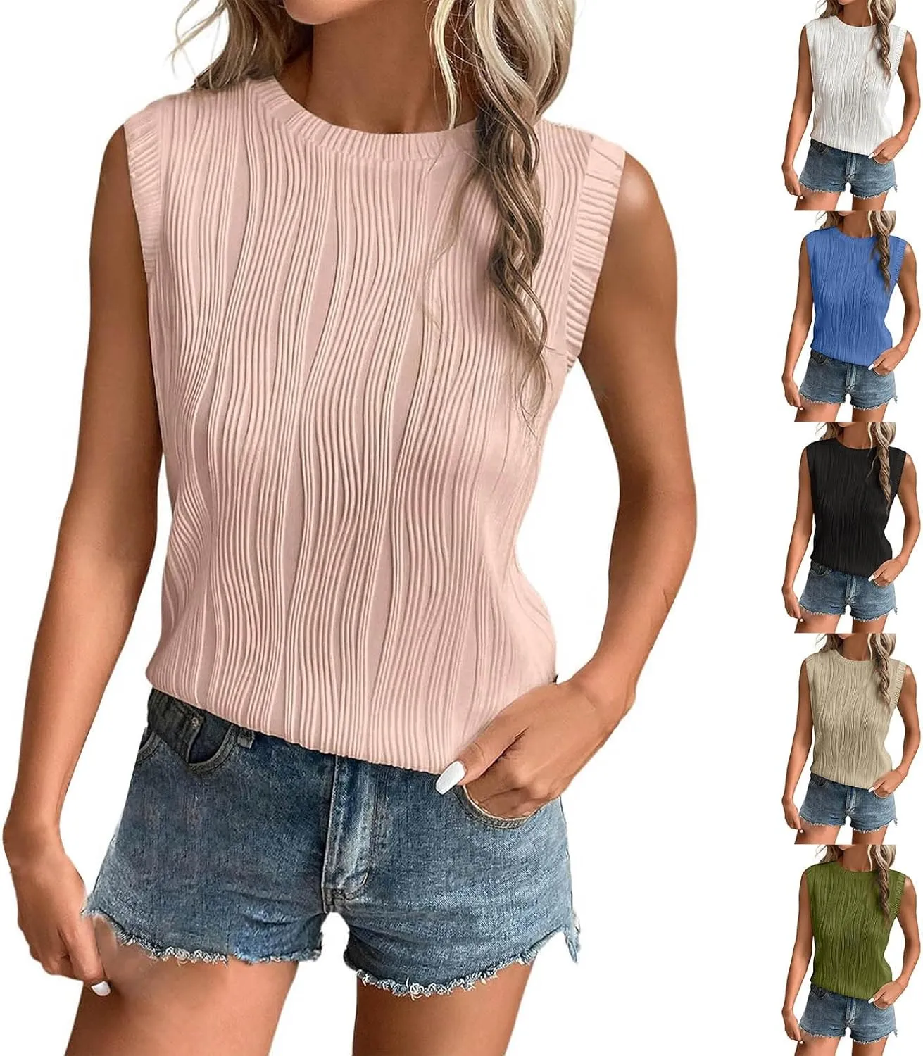 GOKKILRW Womens Sleeveless T Shirts Casual Summer High Crewneck Textured Slim Fit Strertchy Tank Tops Dressy Work Tunic Tops