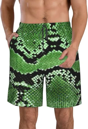 Green Snakeskin print Men's Surfboard Shorts Beach Shorts, Men's Casual Beach Shorts, Men's Quick Dry Shorts