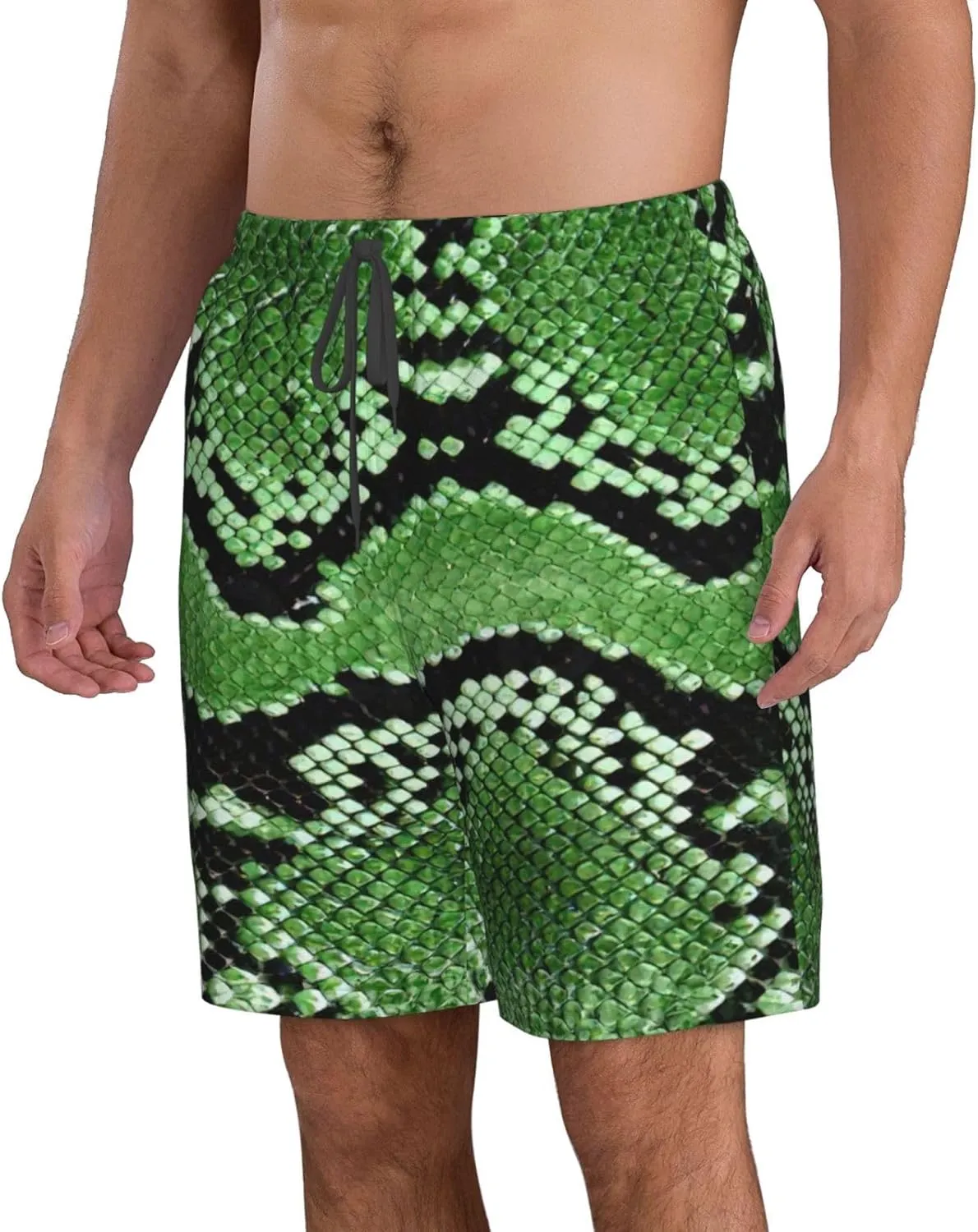 Green Snakeskin print Men's Surfboard Shorts Beach Shorts, Men's Casual Beach Shorts, Men's Quick Dry Shorts
