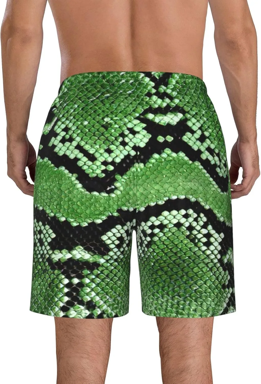 Green Snakeskin print Men's Surfboard Shorts Beach Shorts, Men's Casual Beach Shorts, Men's Quick Dry Shorts