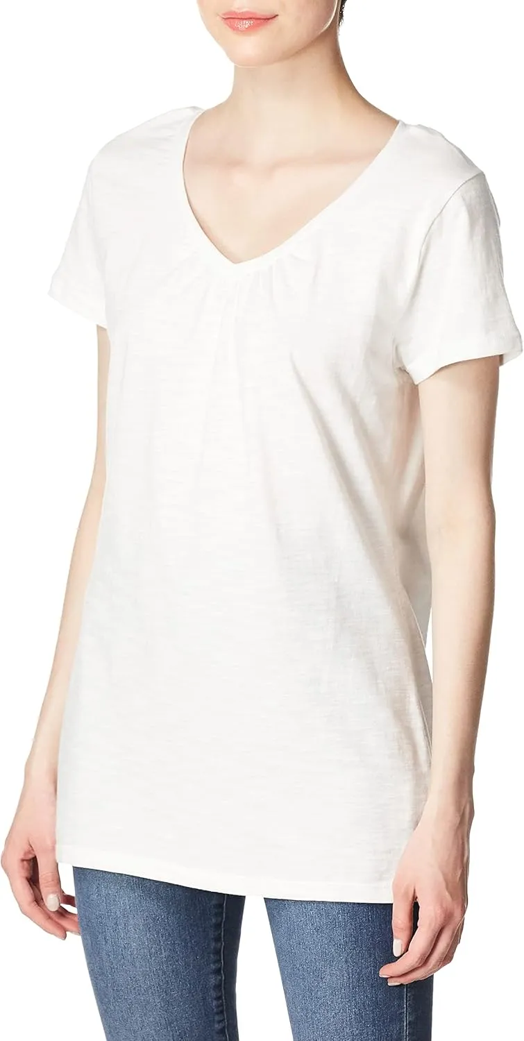 Hanes Women's Shirts, Slub Cotton Shirred V-Neck Tee, Cotton T-Shirts for Women, Women’s Tee Shirts