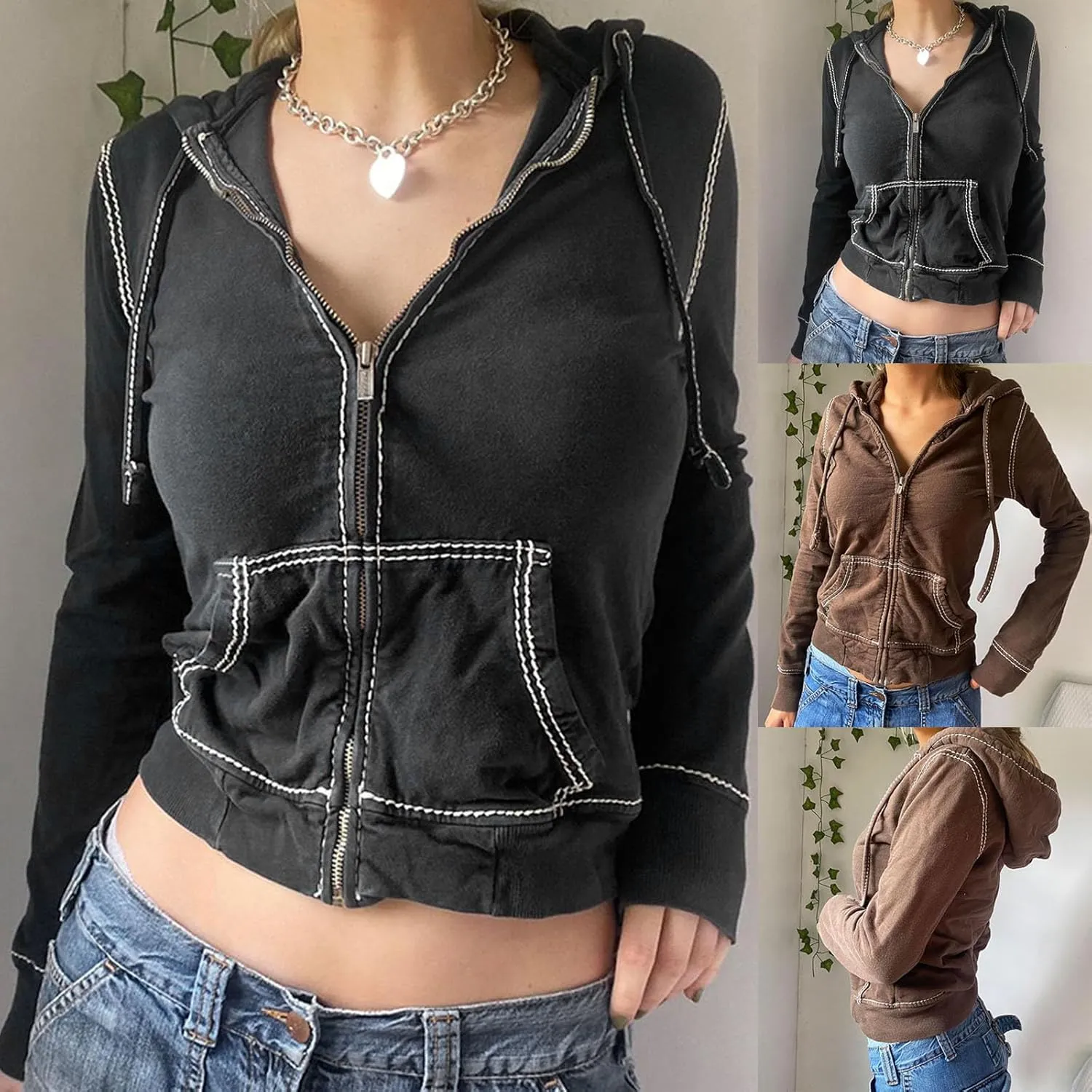 HGps8w Women's Full Zip Hoodies Gothic Aesthetic Streetwear Style Casual Long Sleeve Cropped Sweatershirt Jackets Outwear