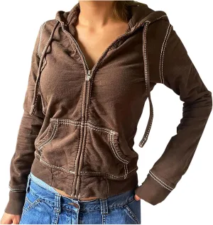 HGps8w Women's Full Zip Hoodies Gothic Aesthetic Streetwear Style Casual Long Sleeve Cropped Sweatershirt Jackets Outwear