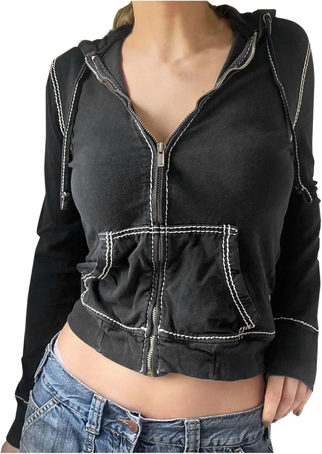 HGps8w Women's Full Zip Hoodies Gothic Aesthetic Streetwear Style Casual Long Sleeve Cropped Sweatershirt Jackets Outwear