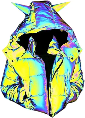 Hip Hop Winter Coat for Women Glow Rainbow Black Reflective Jacket Detachable Hooded Zipper Warm Short Coat Pockets
