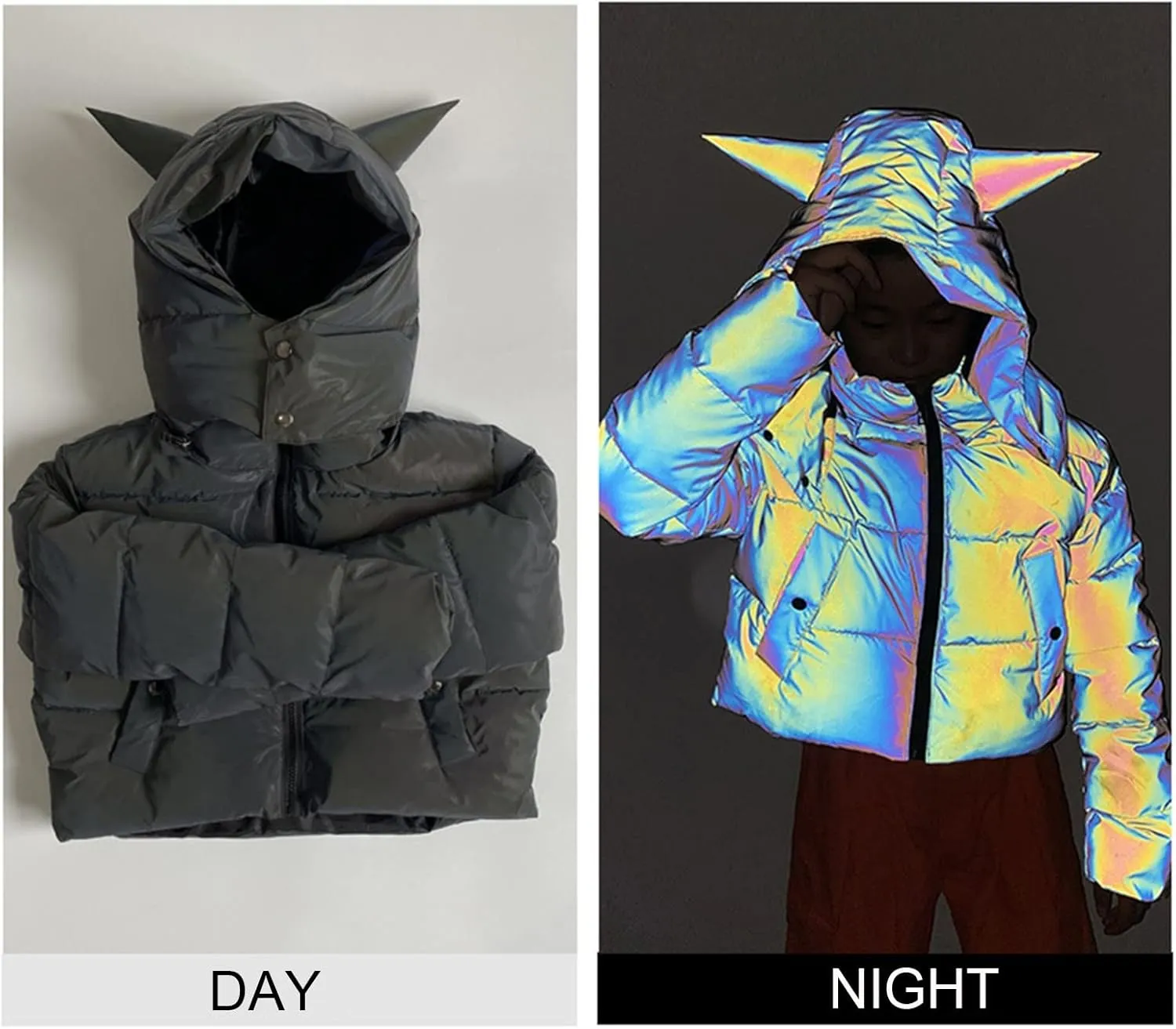 Hip Hop Winter Coat for Women Glow Rainbow Black Reflective Jacket Detachable Hooded Zipper Warm Short Coat Pockets