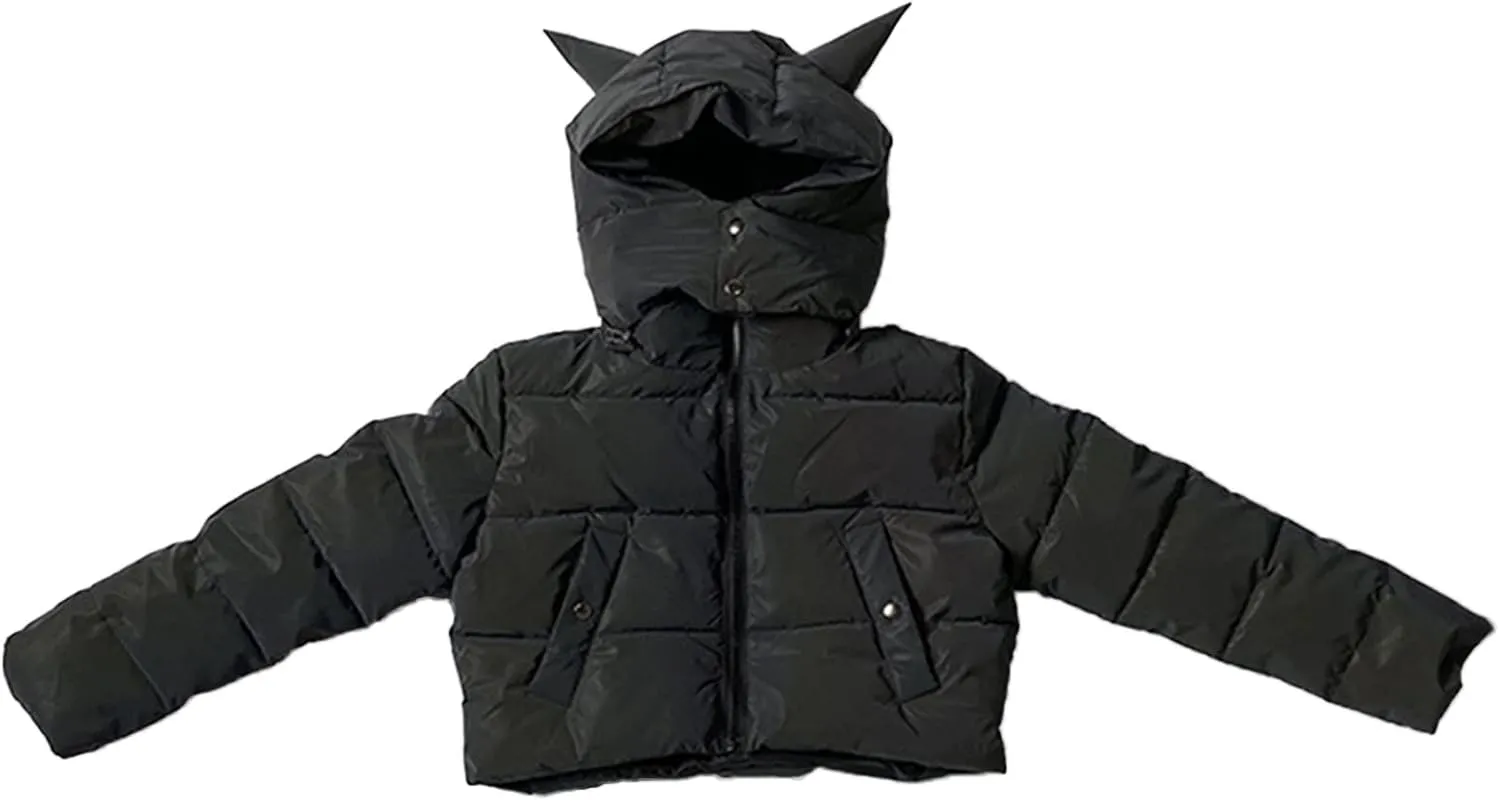 Hip Hop Winter Coat for Women Glow Rainbow Black Reflective Jacket Detachable Hooded Zipper Warm Short Coat Pockets