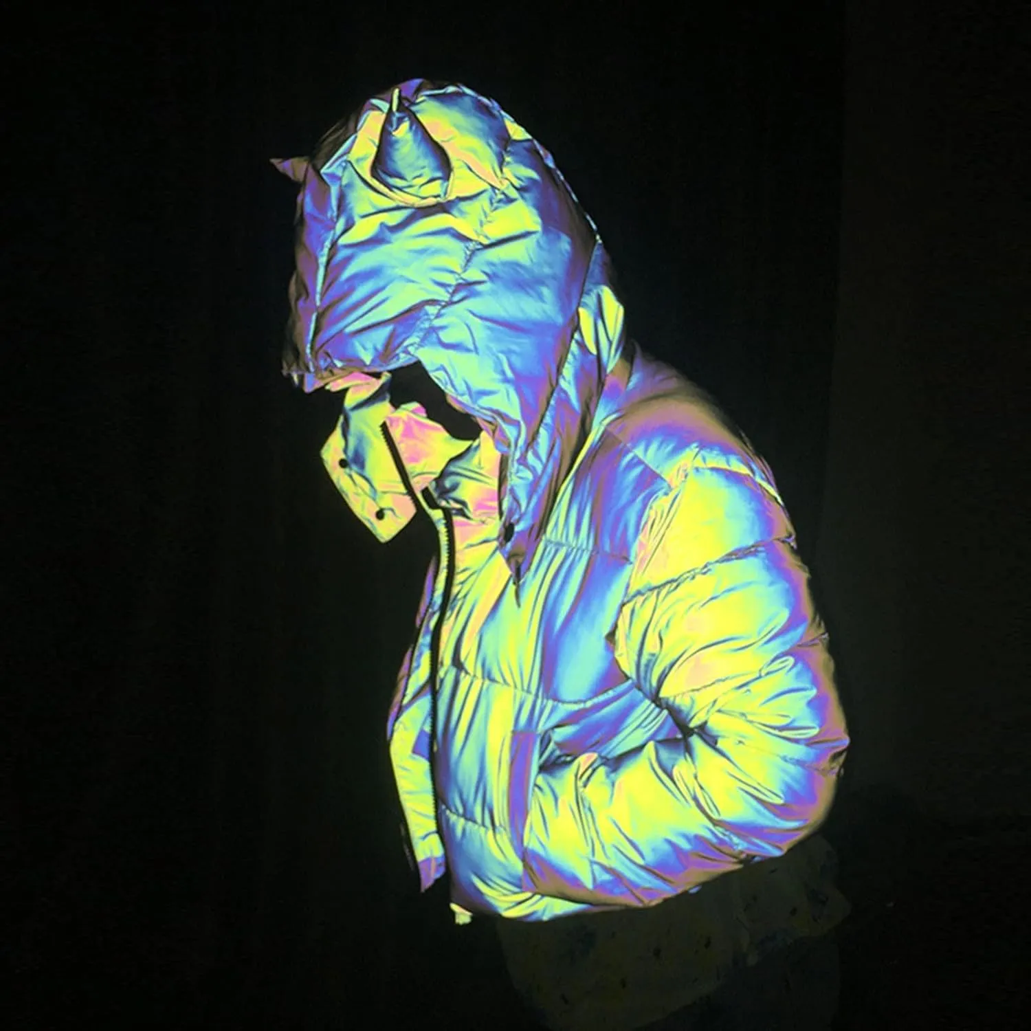 Hip Hop Winter Coat for Women Glow Rainbow Black Reflective Jacket Detachable Hooded Zipper Warm Short Coat Pockets