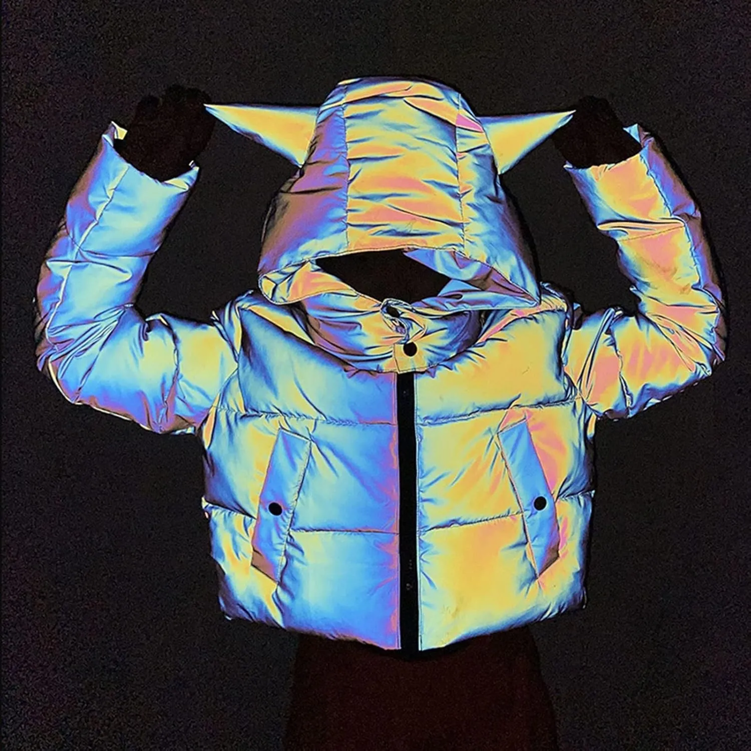 Hip Hop Winter Coat for Women Glow Rainbow Black Reflective Jacket Detachable Hooded Zipper Warm Short Coat Pockets
