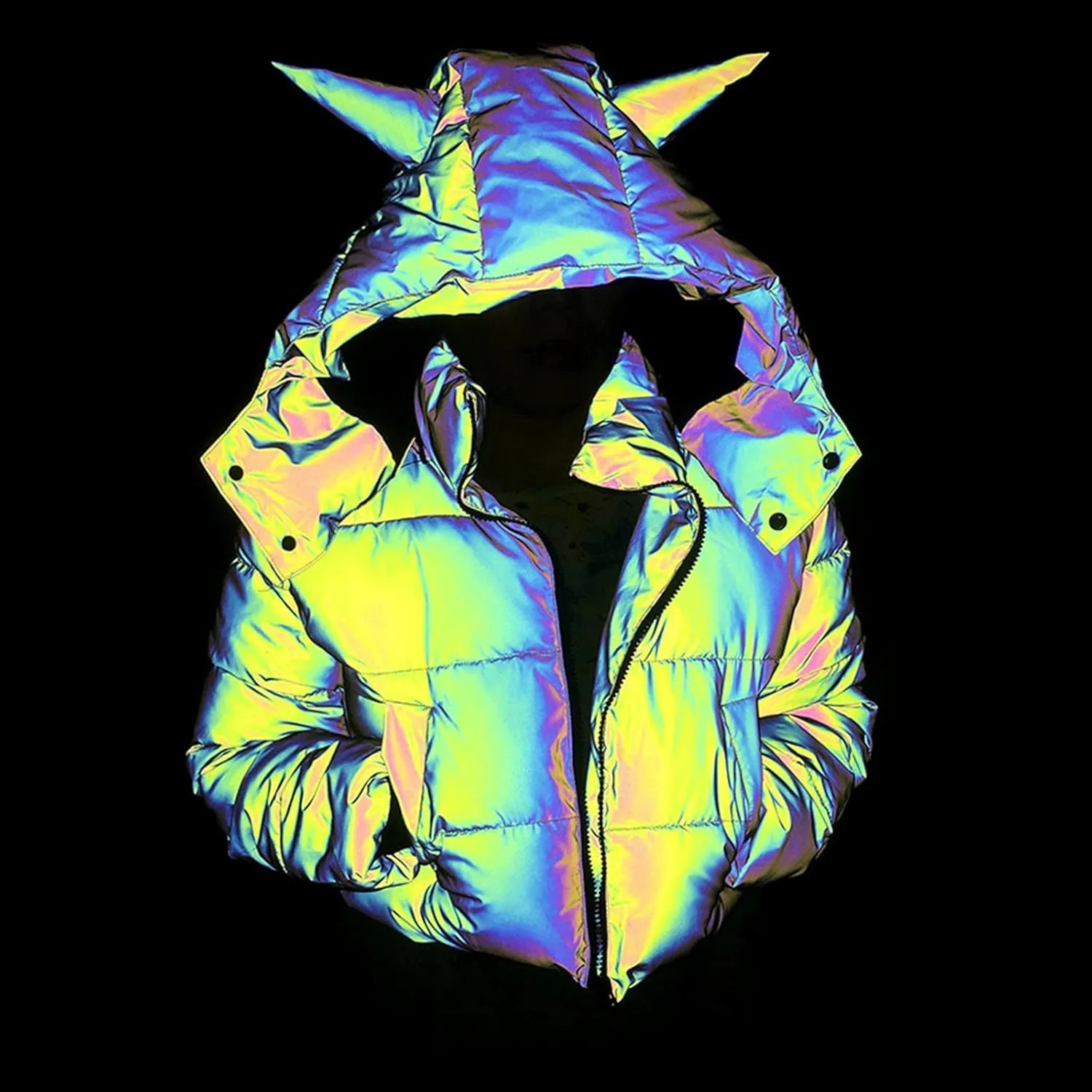 Hip Hop Winter Coat for Women Glow Rainbow Black Reflective Jacket Detachable Hooded Zipper Warm Short Coat Pockets