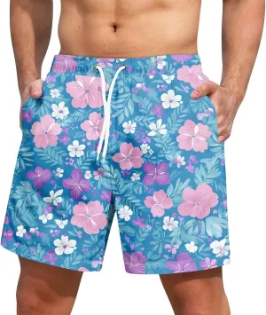 Holiday Shorts for Men, Floral Tropical Hawaiian Beach Shorts Elastic Waist Drawstring Casual Printed Trunks