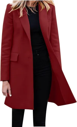 Hvyesh Women's Long Wool Blend Pea Coat Winter Casual Overcoat Notched Lapel Collar Trench Coat Belted Long Jacket Outerwear