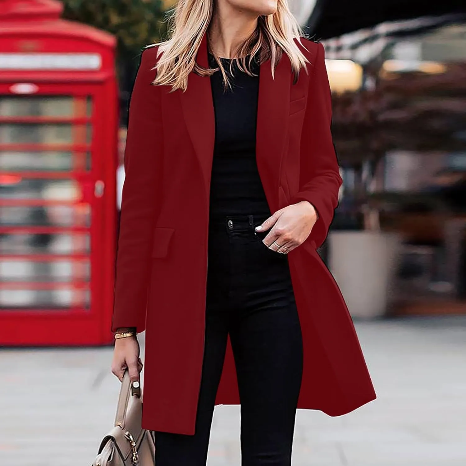 Hvyesh Women's Long Wool Blend Pea Coat Winter Casual Overcoat Notched Lapel Collar Trench Coat Belted Long Jacket Outerwear