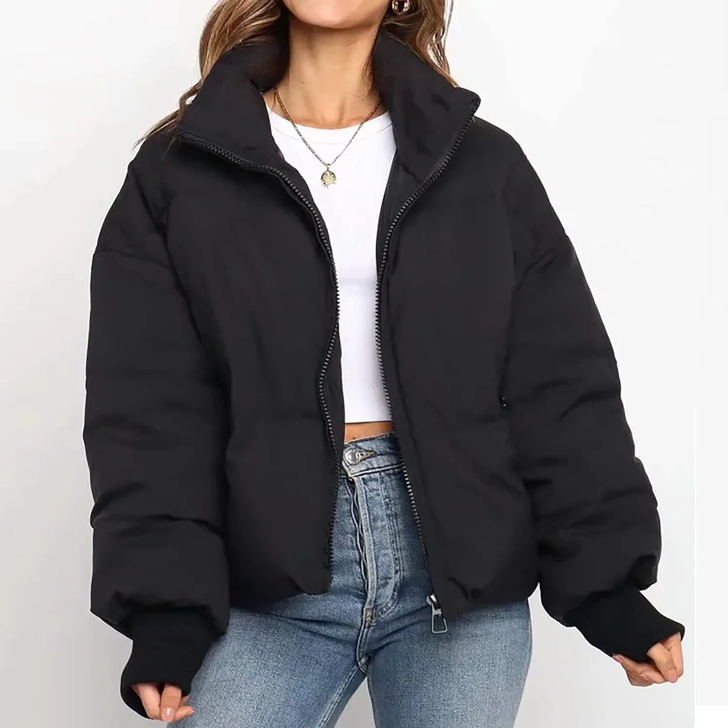 Hvyesh Women’s Winter Cropped Puffer Jacket Coat Warm Quilted Jacket Casual Zip-Up Padded Stand Collar Zip-Up Down Coat