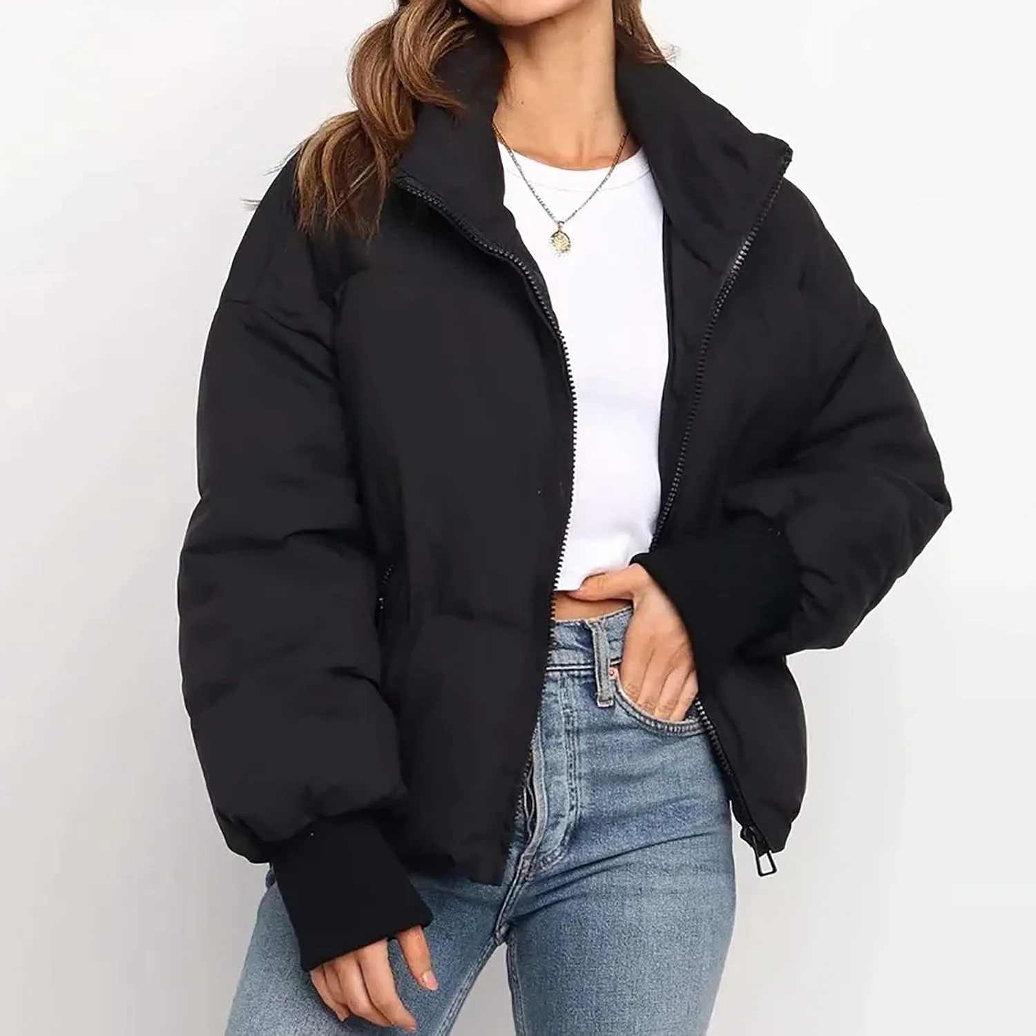 Hvyesh Women’s Winter Cropped Puffer Jacket Coat Warm Quilted Jacket Casual Zip-Up Padded Stand Collar Zip-Up Down Coat