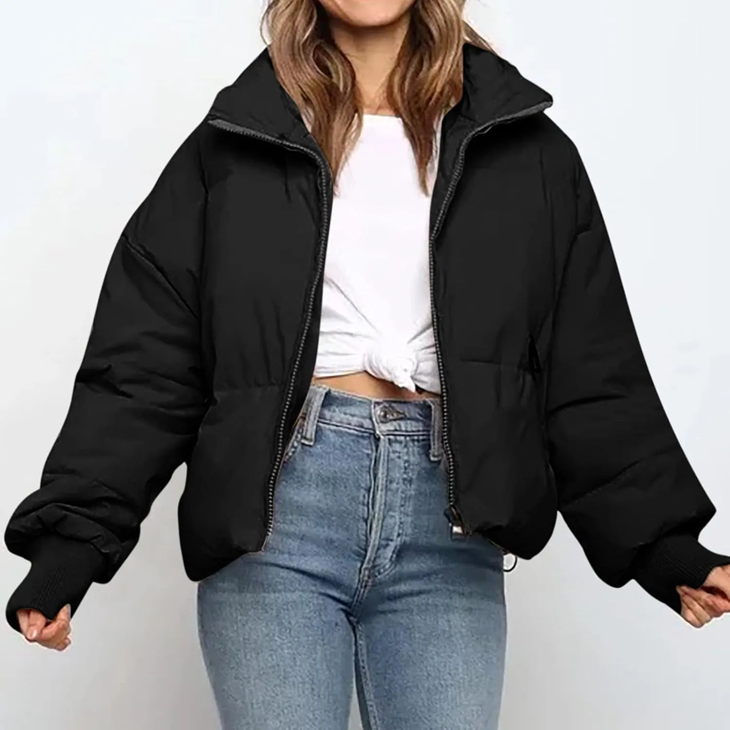 Hvyesh Women’s Winter Cropped Puffer Jacket Coat Warm Quilted Jacket Casual Zip-Up Padded Stand Collar Zip-Up Down Coat